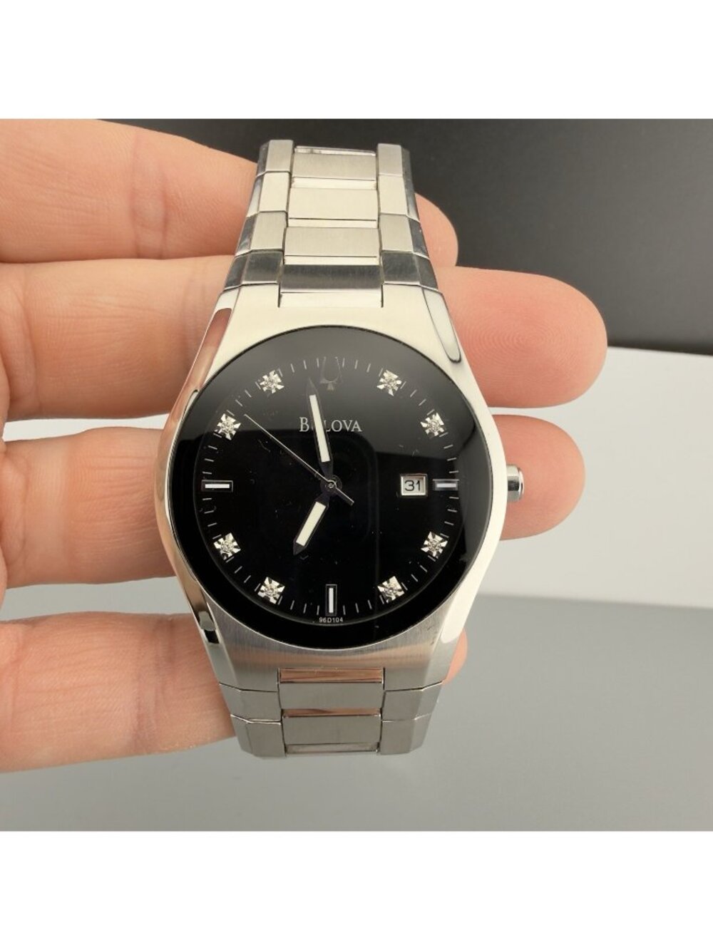 Bulova 96D104 Black Dial 8 Diamonds Stainless Steel Men's Watch READ